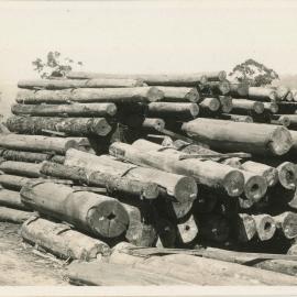 Stacked piles of logs at Coramba sawmill, 18 August 1936