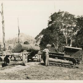 A Caterpillar tractor prepares for logging, 1936