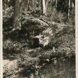 A Caterpillar tractor prepares for logging, 1936