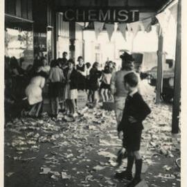 Ticker tape on the street marking the end of World War II, 15 August 1945