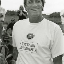 Surfer Nat Young at the Look-At-Me-Now outfall protest, November 1991