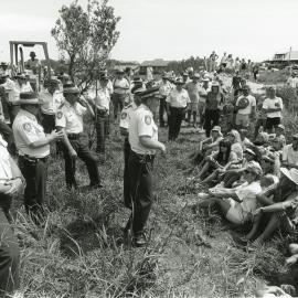 Police negotiate with protesters at the Look-At-Me-Now outfall protest, November 1991