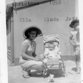 Ella Hobman with her children Linda and Jeff on South Solitary Island, Christmas 1952