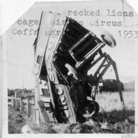 The wrecked Wirth's circus van, 26 May 1953