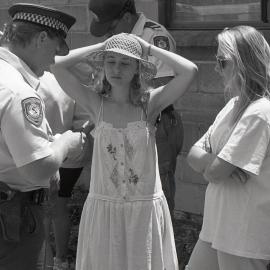 Protestors and police at the Look-At-Me-Now outfall protest, late 1991