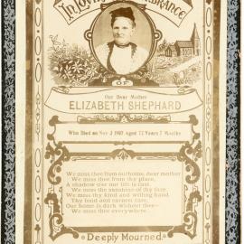 Remembrance card for Elizabeth Shephard, November 1907 