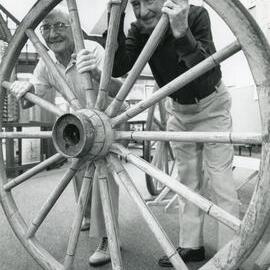 Brothers Bert and Bill Shephard with George Shephard's wagon wheels, April 1993