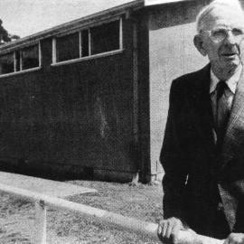 Norm Jordan outside the Showground Pavilion named after him, October 1988