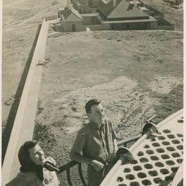 Beryl and Tom Duncan on the South Solitary Island lighthouse balcony, 1946