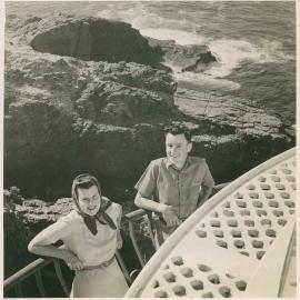 Beryl and Tom Duncan on the South Solitary Island lighthouse balcony, 1946
