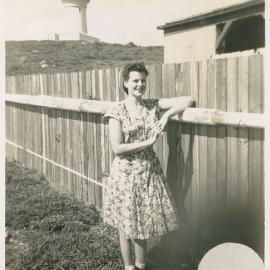 Beryl Duncan in front of the South Solitary Island lighthouse, 1946