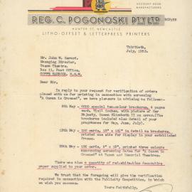Letter to Jack Gerard from the printers 30 July 1953