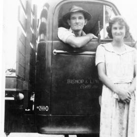 Tom Bishop and Noelene Lewthwaite with a farm truck, 1950