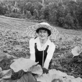 Jessica Hill in the pumpkin patch on Englands Road, 1950