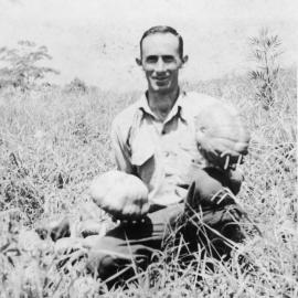 Chris Lewthwaite in the pumpkin patch on Englands Road, 1950