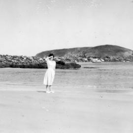 Jessica Hill on the beach near the north wall, 1950