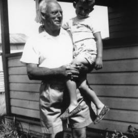 George Blakey with his grandson Ross Young at Bonville Reserve, 1947