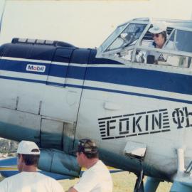 Judy Riddel inspects Russian aircraft at the Coffs Harbour Aero Club, 1 January 1992