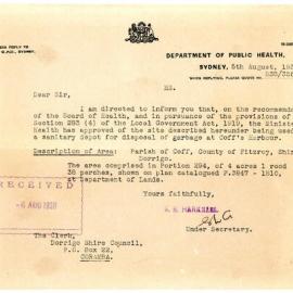 Department of Public Health letter confirming a garbage and sanitary depot site for Coffs Harbour, 5 August 1938