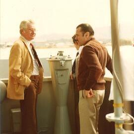 People aboard a naval boat, Coffs Harbour Jetty, 1970s