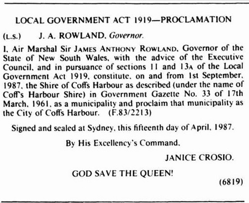 LOCAL GOVERNMENT ACT 1919—PROCLAMATION (1987, May 1). Government Gazette of the State of New South Wales (Sydney, NSW : 1901 - 2001), p.2152. http://nla.gov.au/nla.news-article231676768
