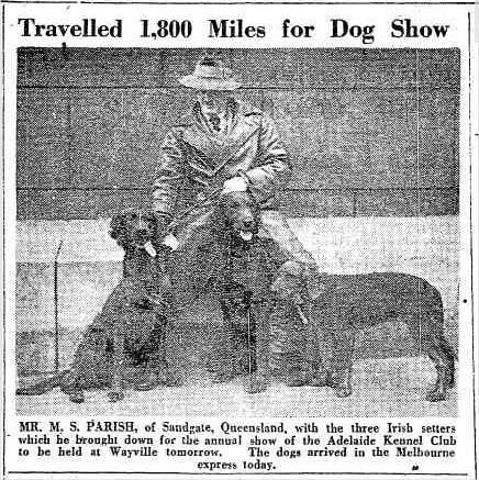 Algar's brother Maurice Samper Parish also owned show dogs, cf. Travelled 1,800 Miles for Dog Show (1933, October 10). News (Adelaide, SA : 1923 - 1954), p. 6. http://nla.gov.au/nla.news-article128859866