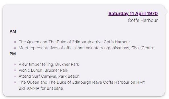 1970 Royal Visit
https://webarchive.nla.gov.au/awa/20220816121915/https://www.platinumjubilee.gov.au/royal-visits/1970