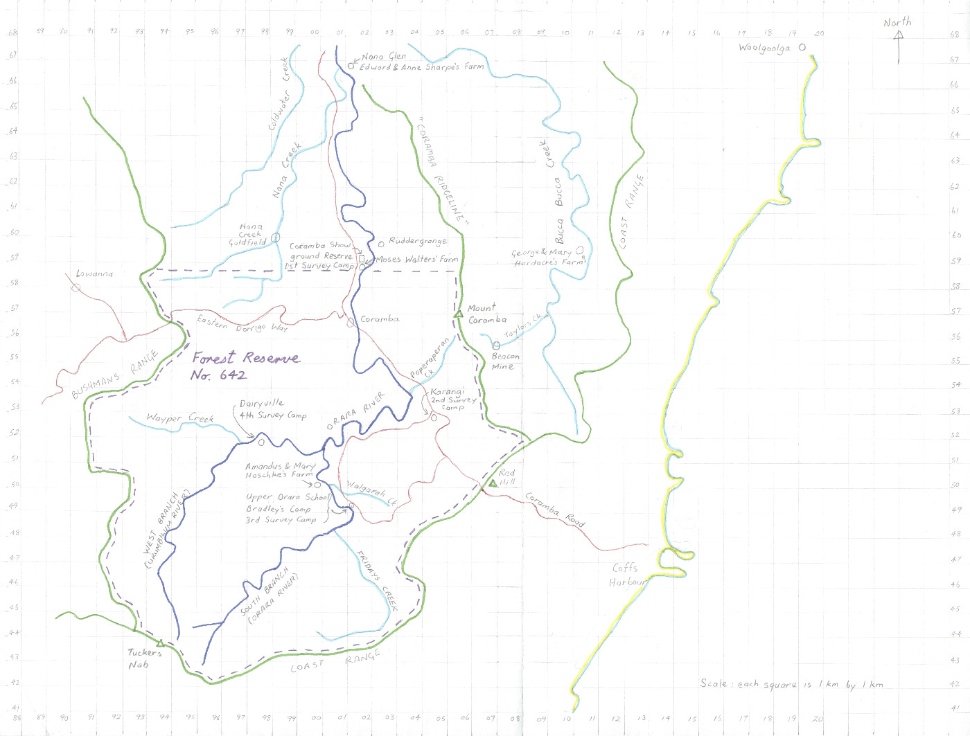 Map hand-drawn by Museum Volunteer Geoffrey Watts, showing Forest Reserve 642