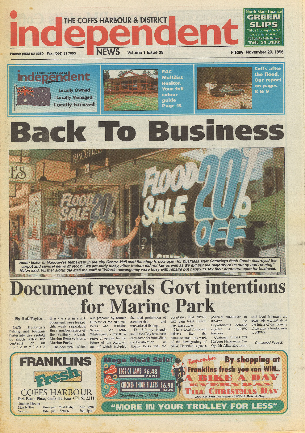 The Coffs Harbour and District Independent,
29 November 1996, p.1