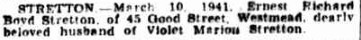 Family Notices (1941, March 11). The Sydney Morning Herald (NSW : 1842 - 1954), p. 8;
http://nla.gov.au/nla.news-article17735047
