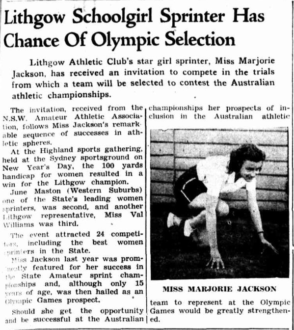 Lithgow Schoolgirl Sprinter Has Chance Of Olympic Selection (1948, January 8). Lithgow Mercury (NSW : 1898 - 1954), p. 3 (CITY EDITION). http://nla.gov.au/nla.news-article219749147