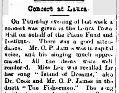 Concert at Laura. (1899, May 19). The Laura Standard (SA : 1889 - 1917), p. 3. http://nla.gov.au/nla.news-article188603924